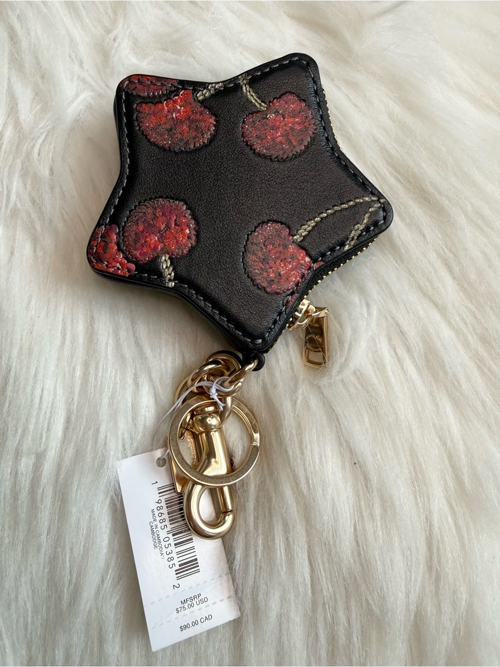 Coach Star Bag Charm with Cherry Print Gold Black Red Multi Leather CDA87 NWT - Picture 4 of 5